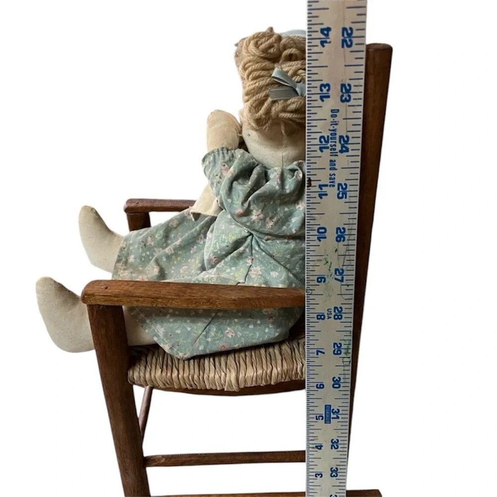 Stuffed Rag Doll with Wooden Wicker Rocking Chair